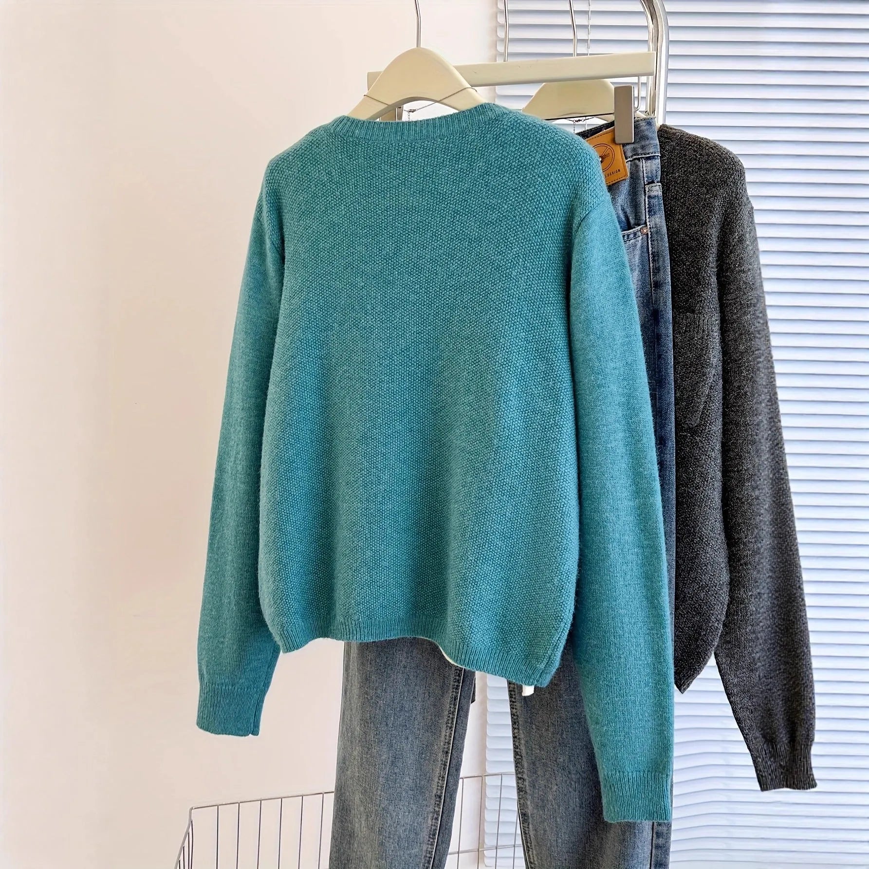 Solid colour round neck cardigan jacket for women in sky blue with button front and princess sleeves