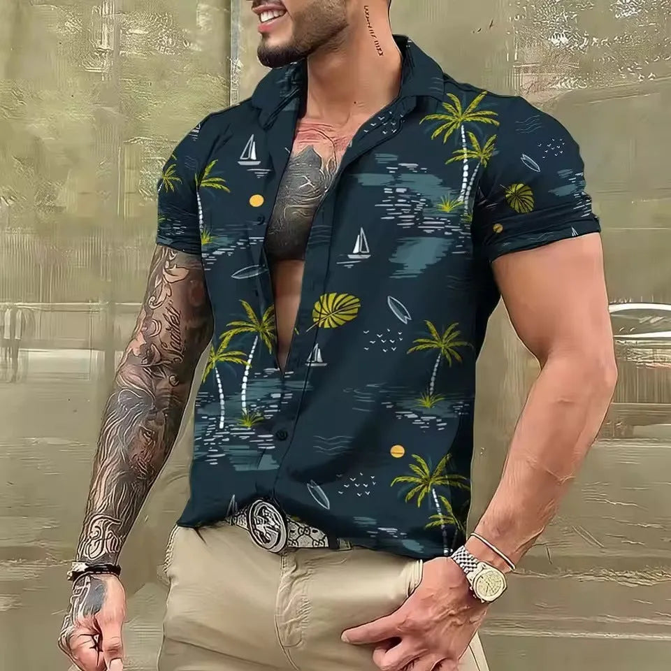 Man wearing a loose-fit floral print short sleeve cardigan shirt in a summer setting.