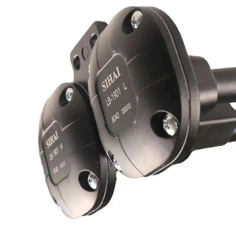 Black dual trumpet 300DB loud air horn and compressor kit for 12V and 24V vehicles.