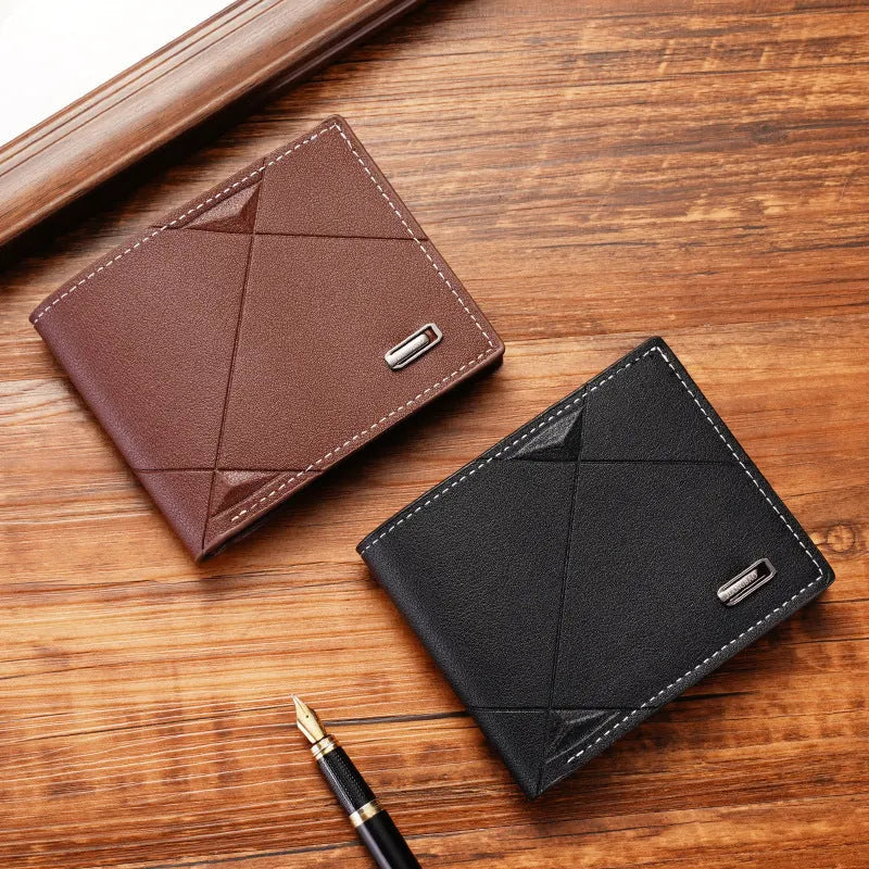 Men's thin black three-fold horizontal PU leather wallet with multiple card slots open.