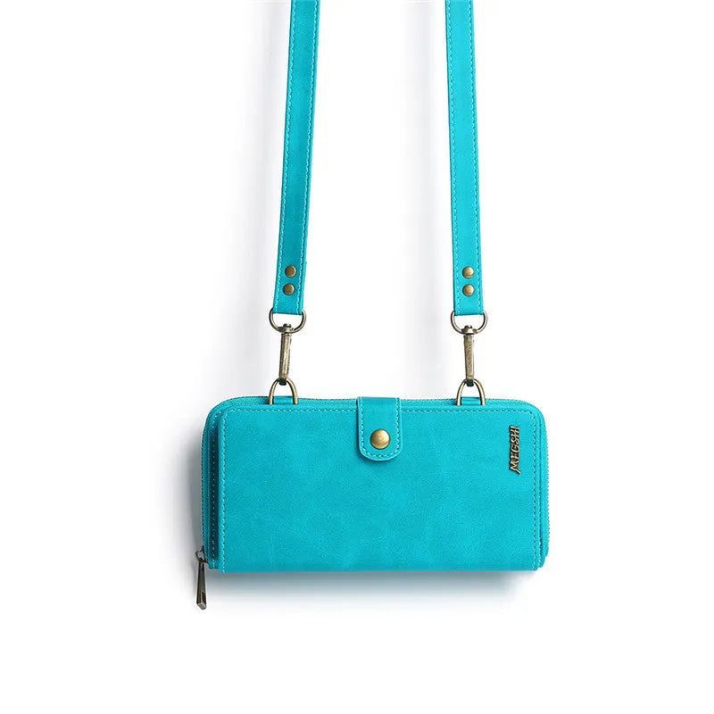 Detachable wallet-style phone case in black showing the strong adsorption leather flap closed over a phone.