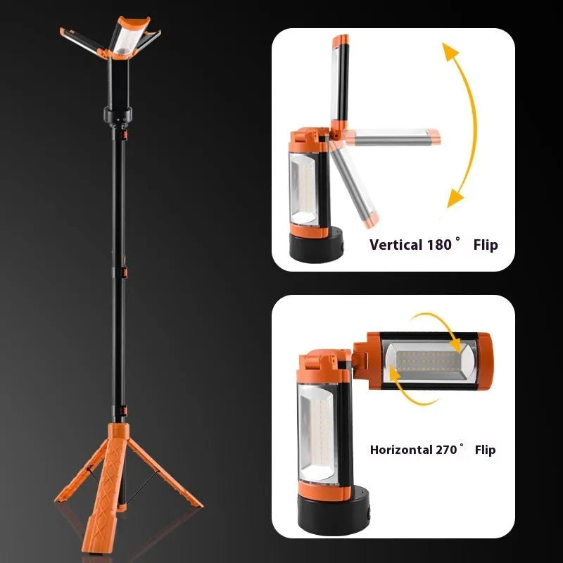 Retractable folding charging camping lantern in black orange with bracket and charging cable