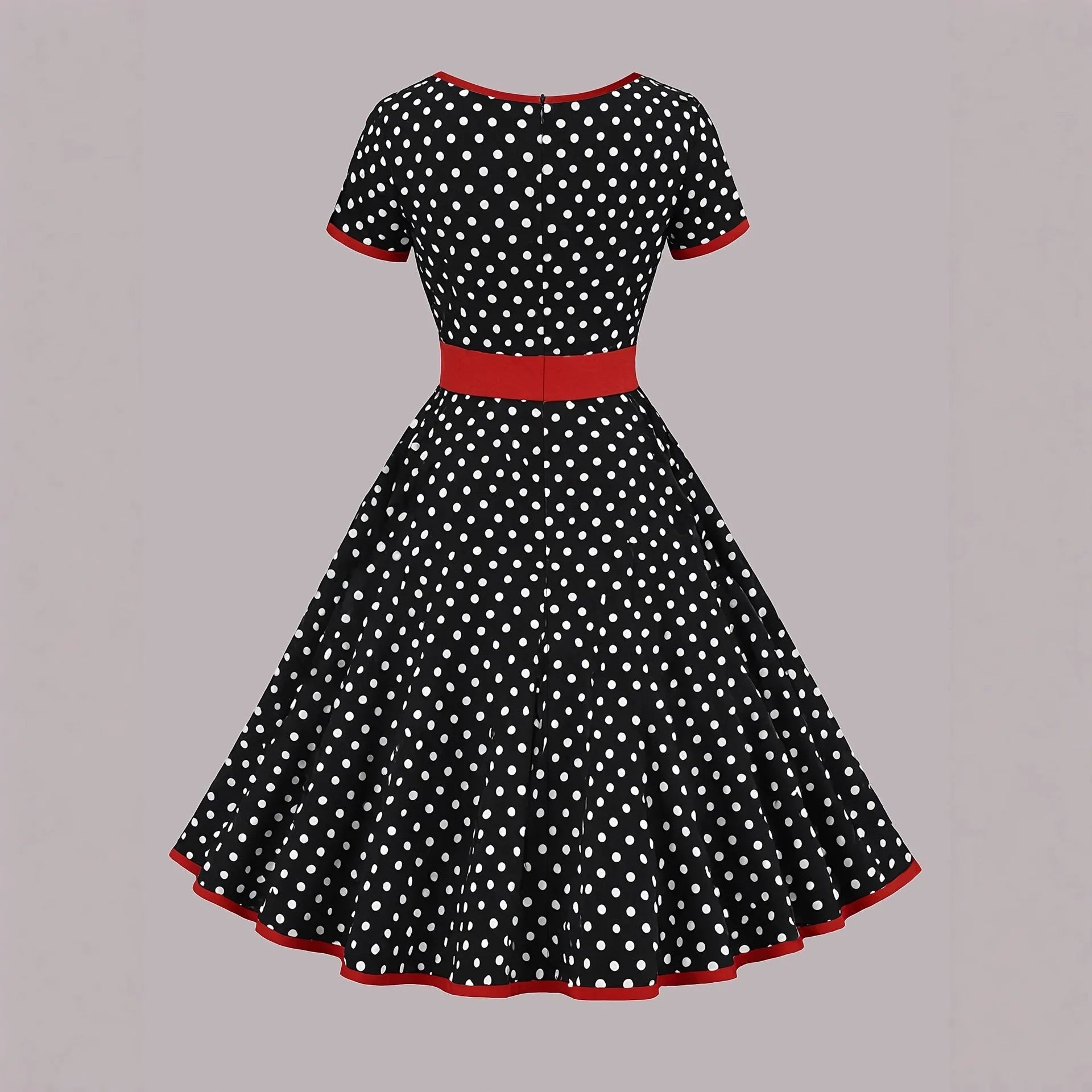 Multicolour polka dot midi dress with a structured square neckline and a front metal zipper closure.