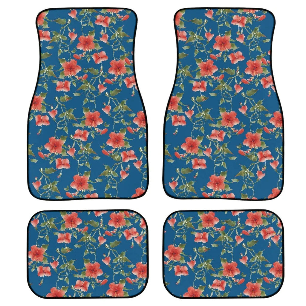 Black four-piece set of 20mm thick printed rubber car foot mats with textured surface.