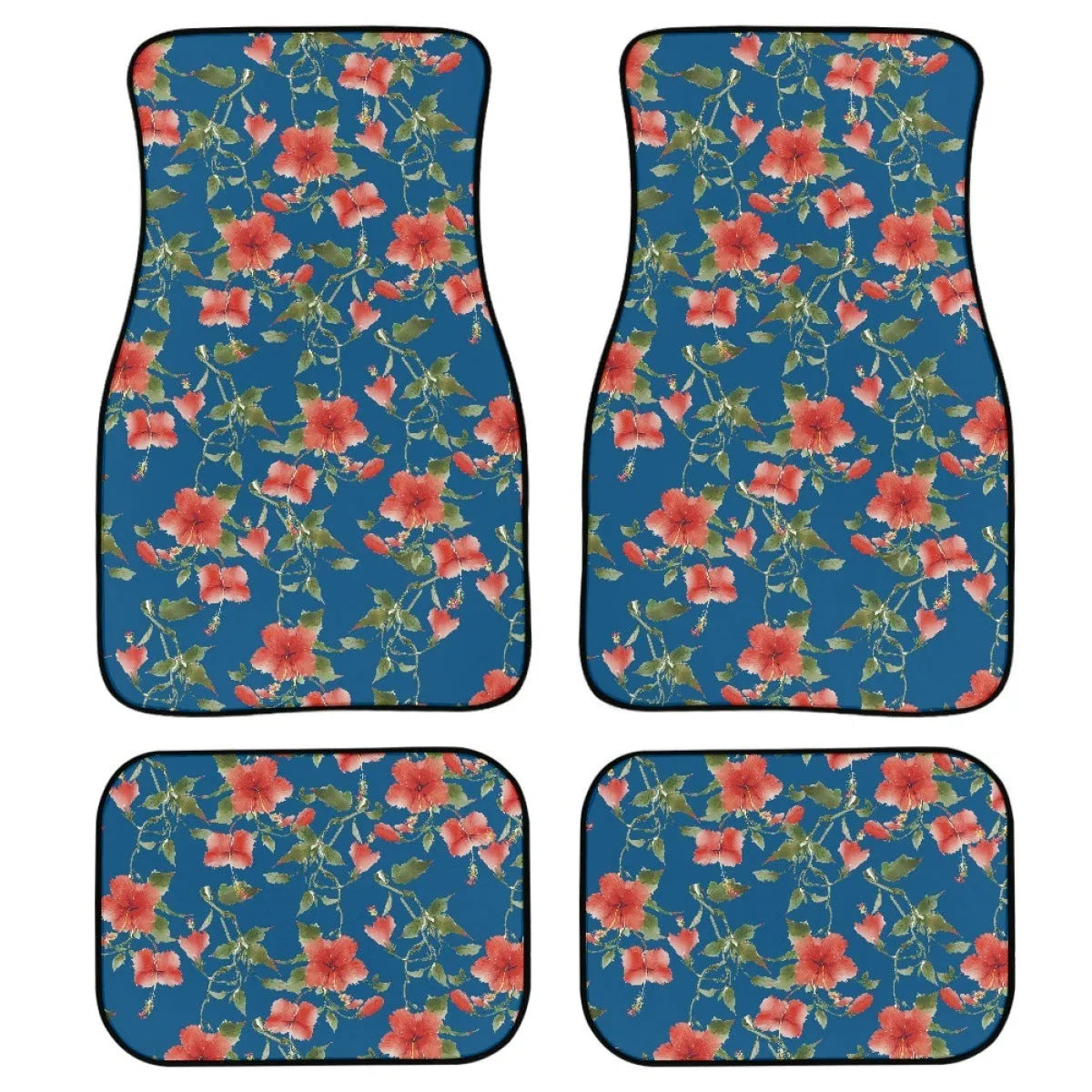 Black four-piece set of 20mm thick printed rubber car foot mats with textured surface.