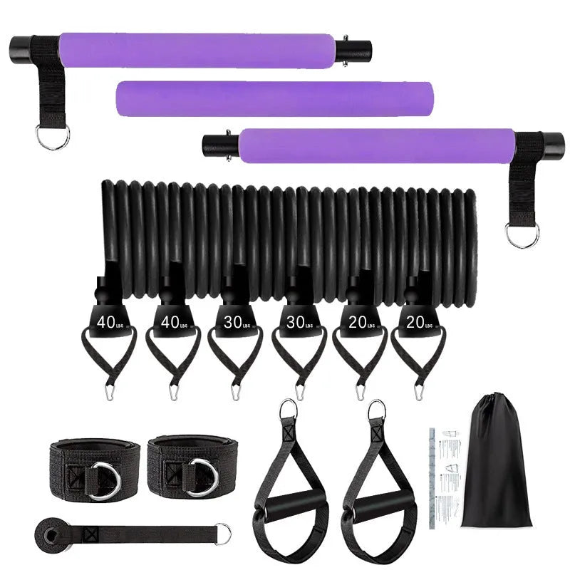Set of eleven TPE fitness sticks in pink, purple, and black colours for adjustable resistance training
