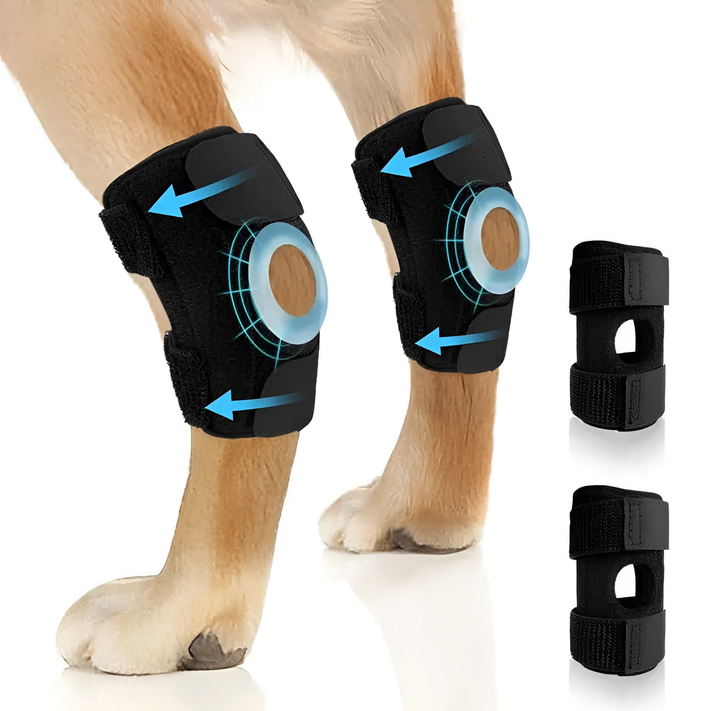 Black polyester dog leg guard for joint support and rehabilitation in sizes L, M, XL.