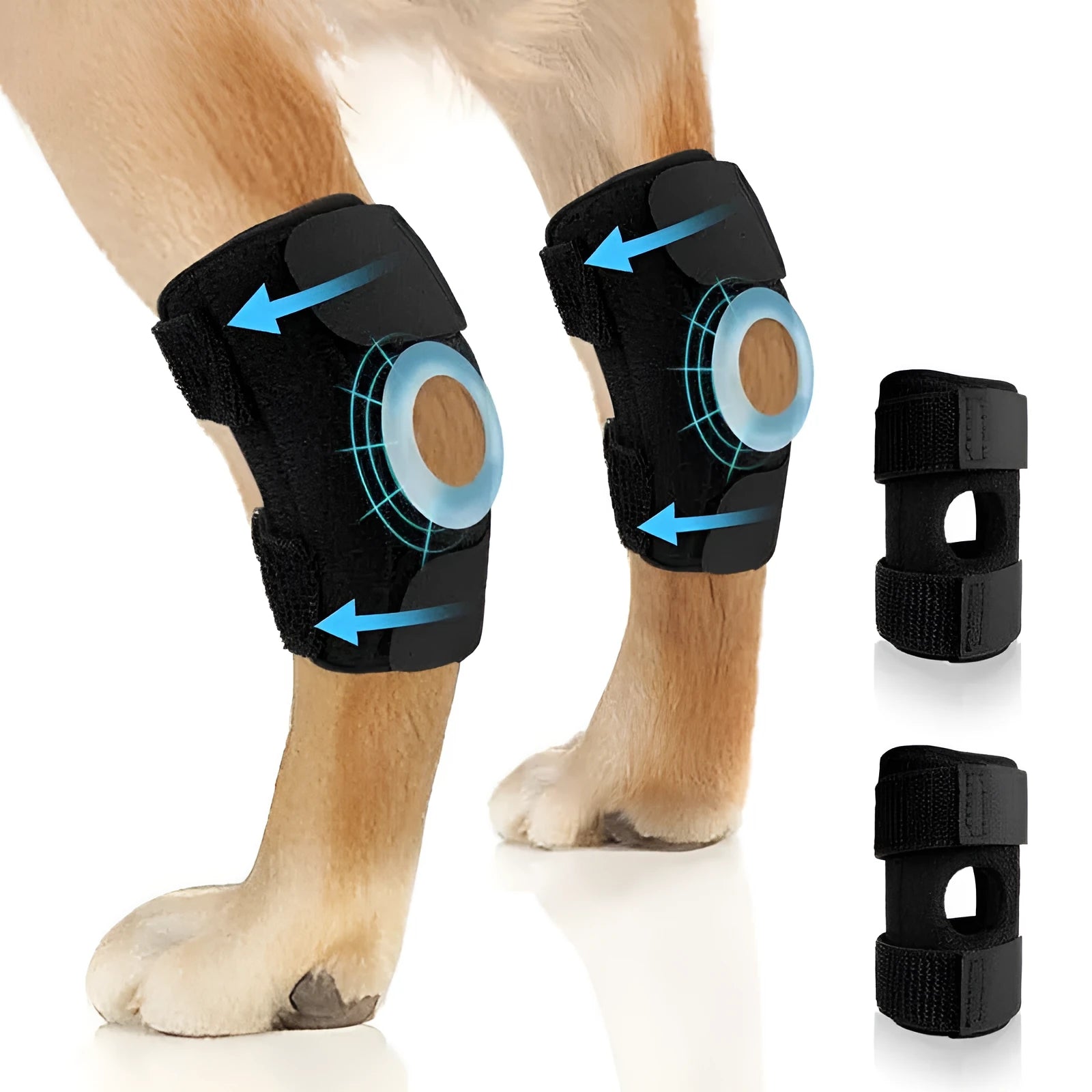 Black polyester dog leg guard for joint support and rehabilitation in sizes L, M, XL.
