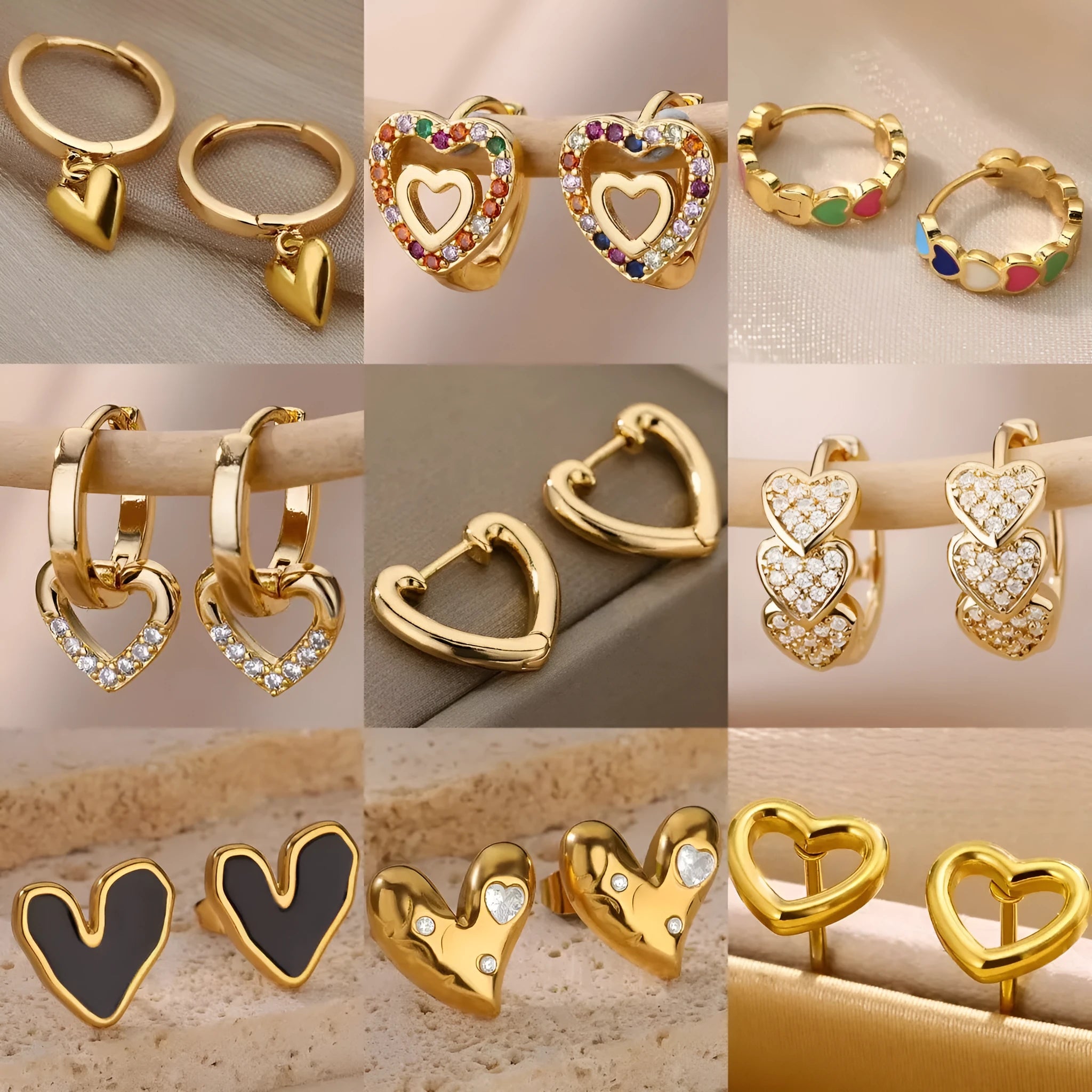 Heart-shaped stainless steel stud earrings with love-themed design elements in colour E3127G-5