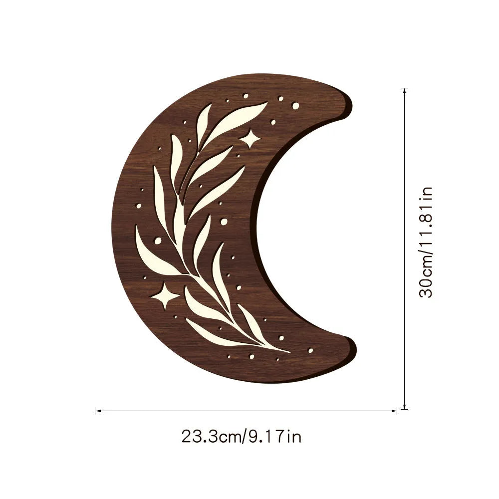 Bohemian style three-dimensional carved wooden leaf crescent pendant lamp with luminous night light.
