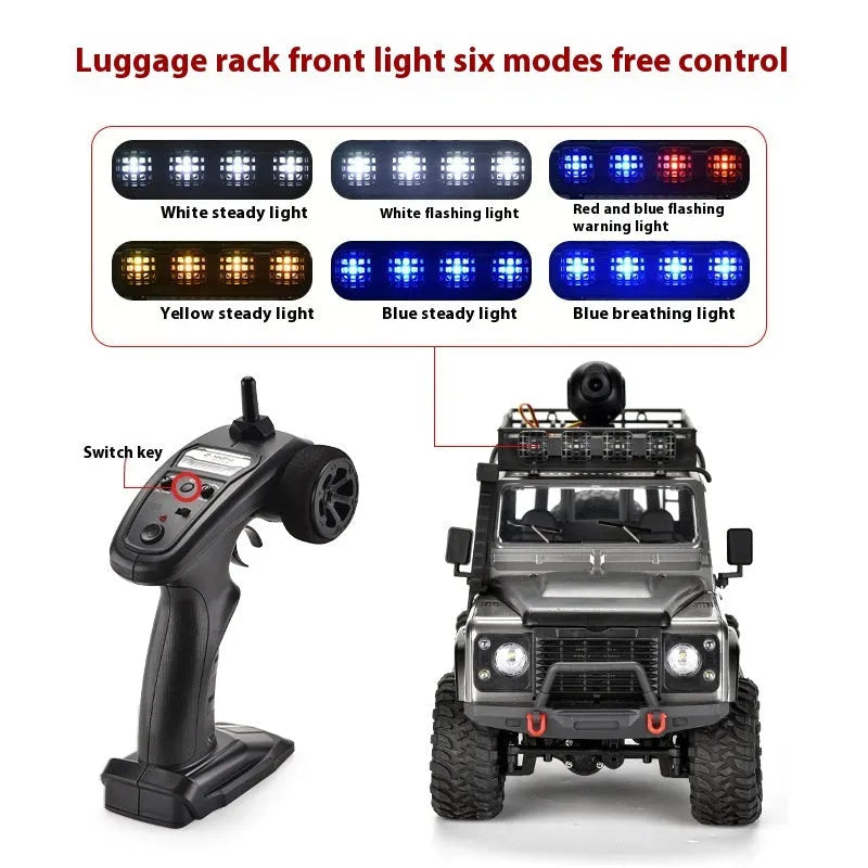 Four-wheel drive off-road RC car with controllable headlight, black, plastic body, with controller and camera on display