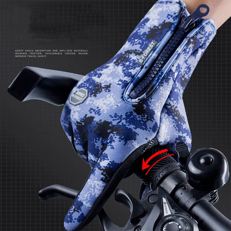 Pair of winter touch screen riding gloves in blue with polar fleece lining and antiskid grip for motorcycle use