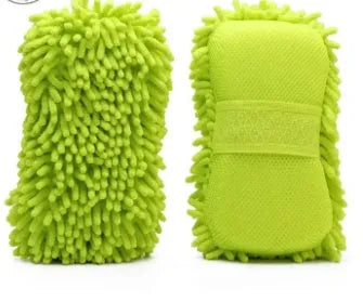 Silver green rectangular Chenille microfiber car wash sponge measuring 14cm by 25cm