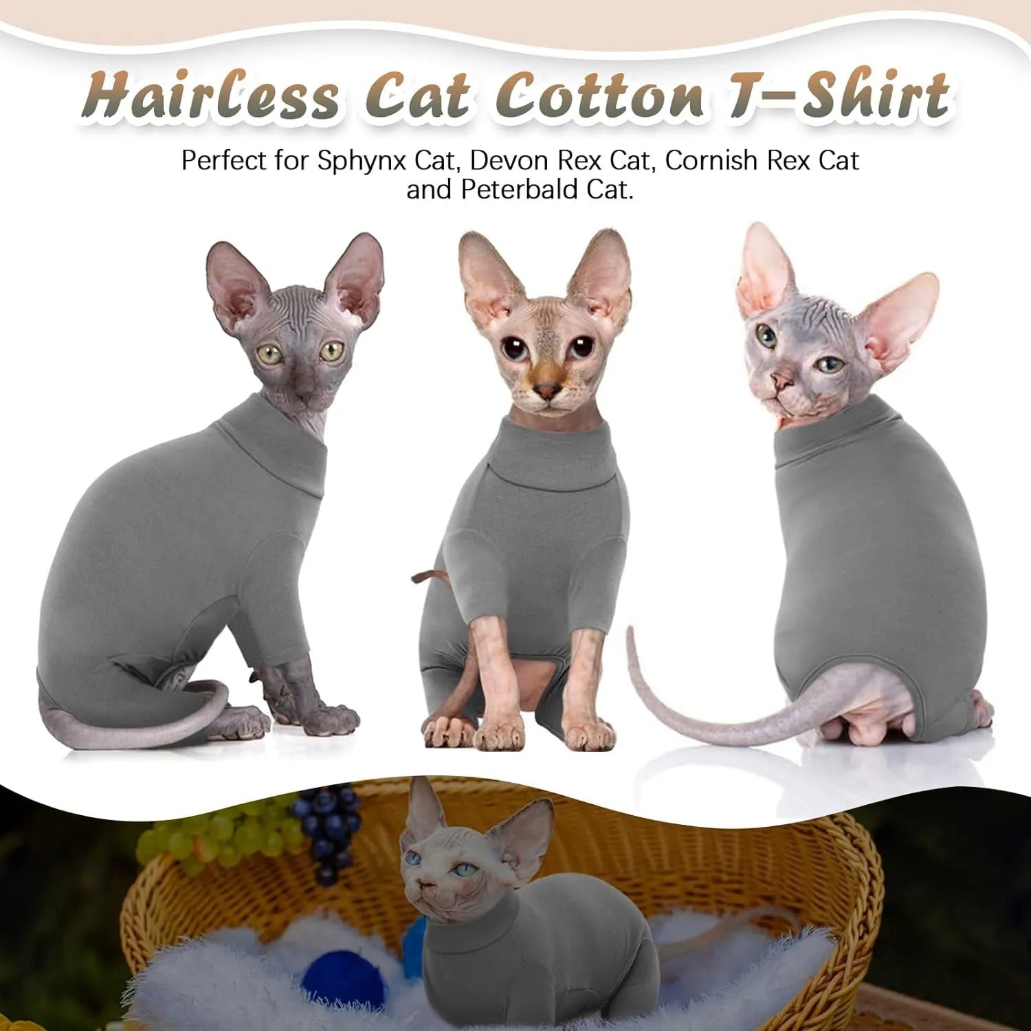 Hairless cat wearing soft turtleneck sweater with leg openings for winter warmth