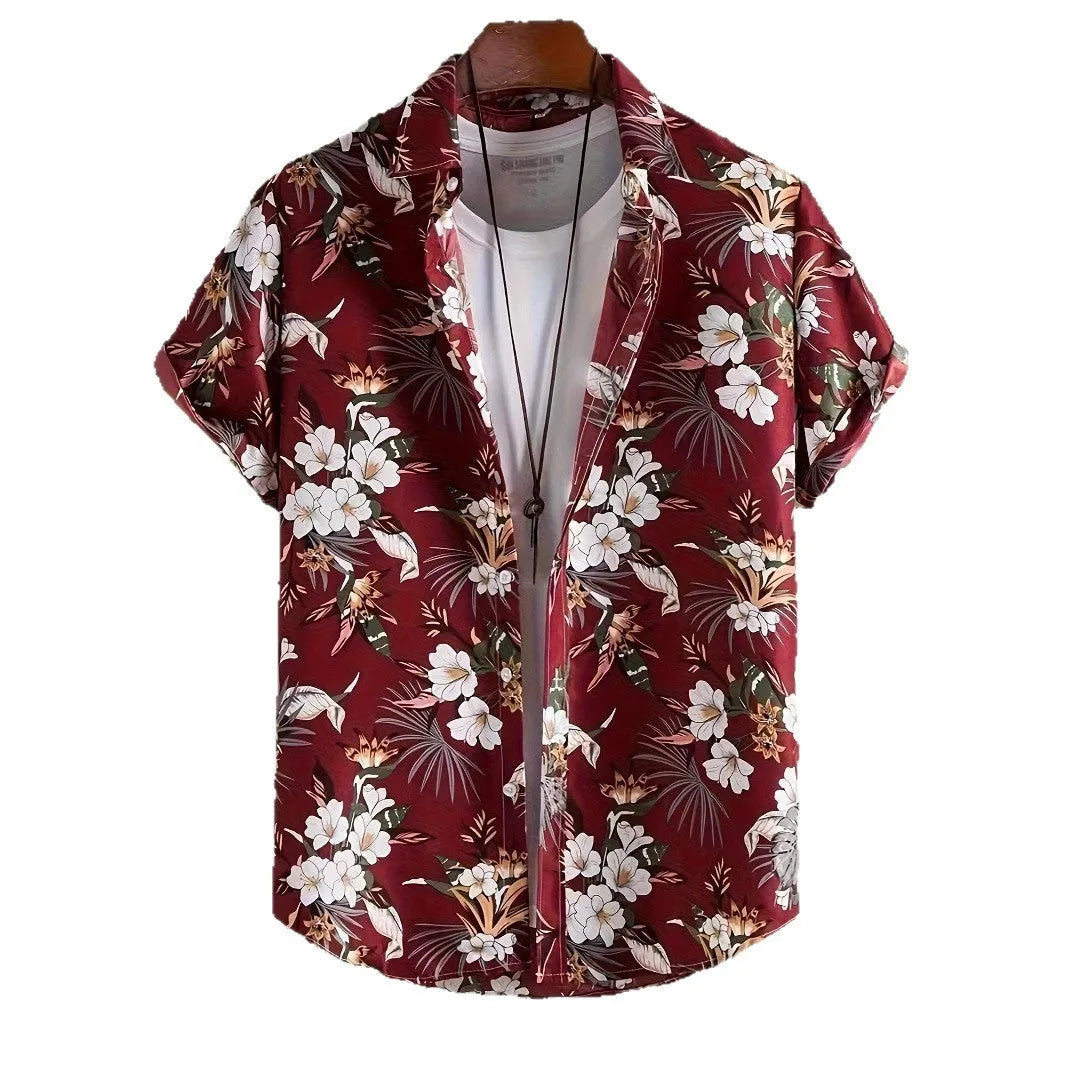 Men's short sleeve shirt with 3D printed floral pattern in loose cardigan style