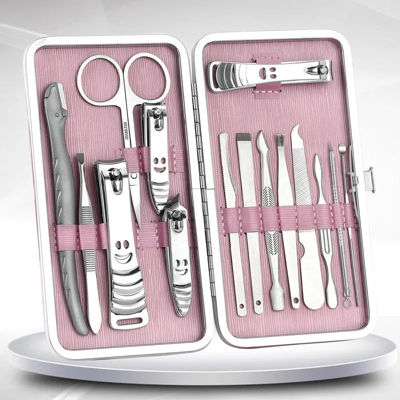 Pink 15-piece stainless steel manicure tool set in compact case with nail clippers and files