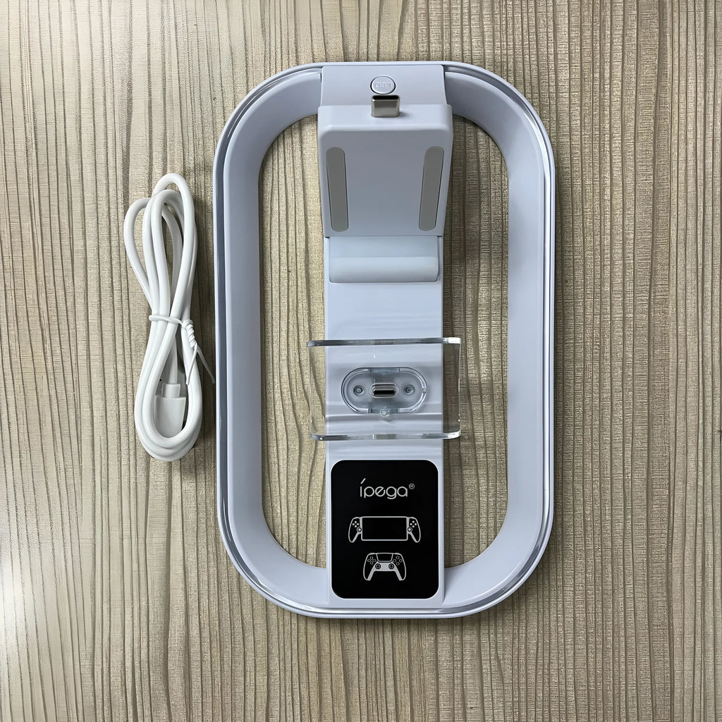 White ABS charging base for PS5 Portal and PS5 controller with colourful LED and Type-C cable