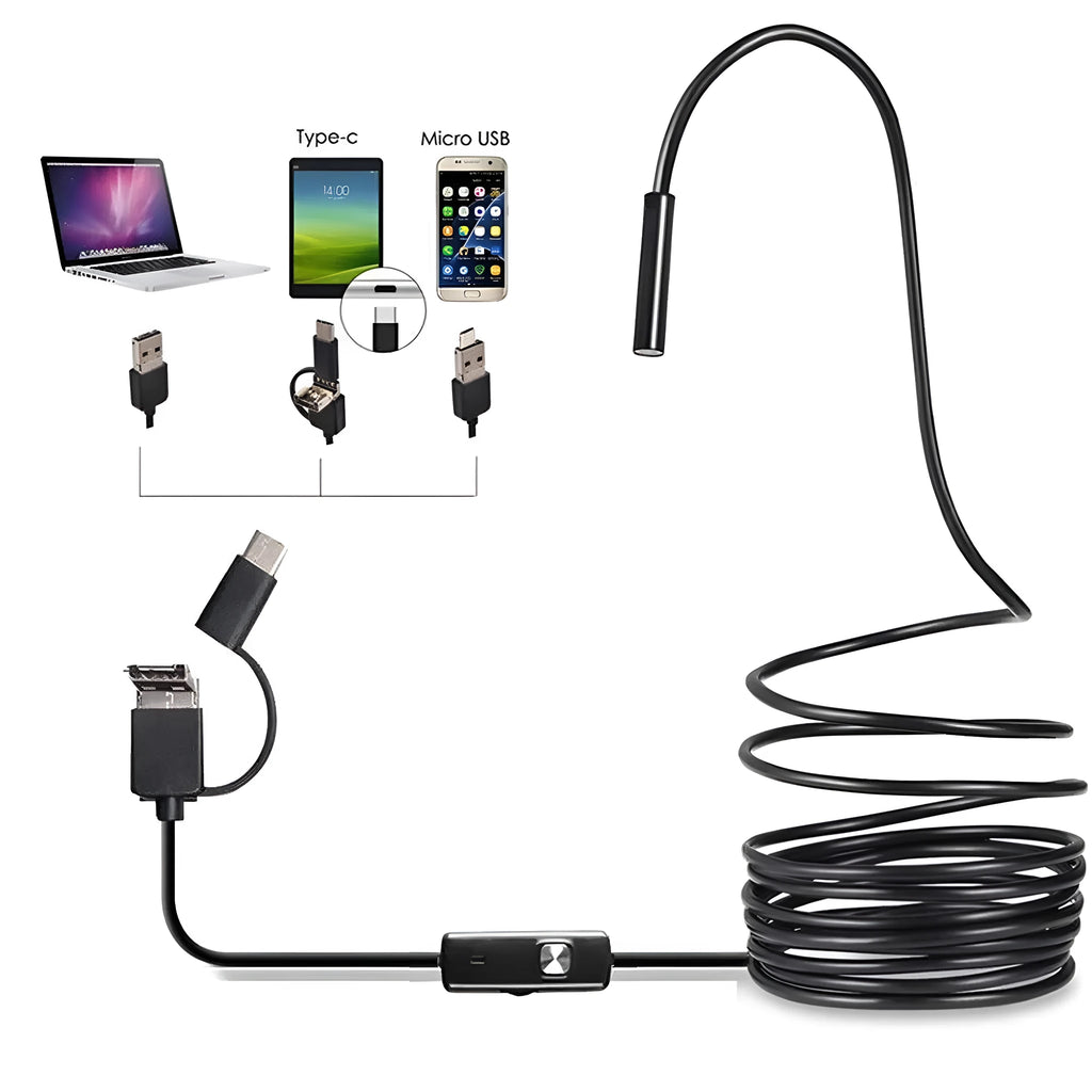 USB-C endoscope with flexible cable, HD camera, magnet, hook, and side mirror attachments on a table.