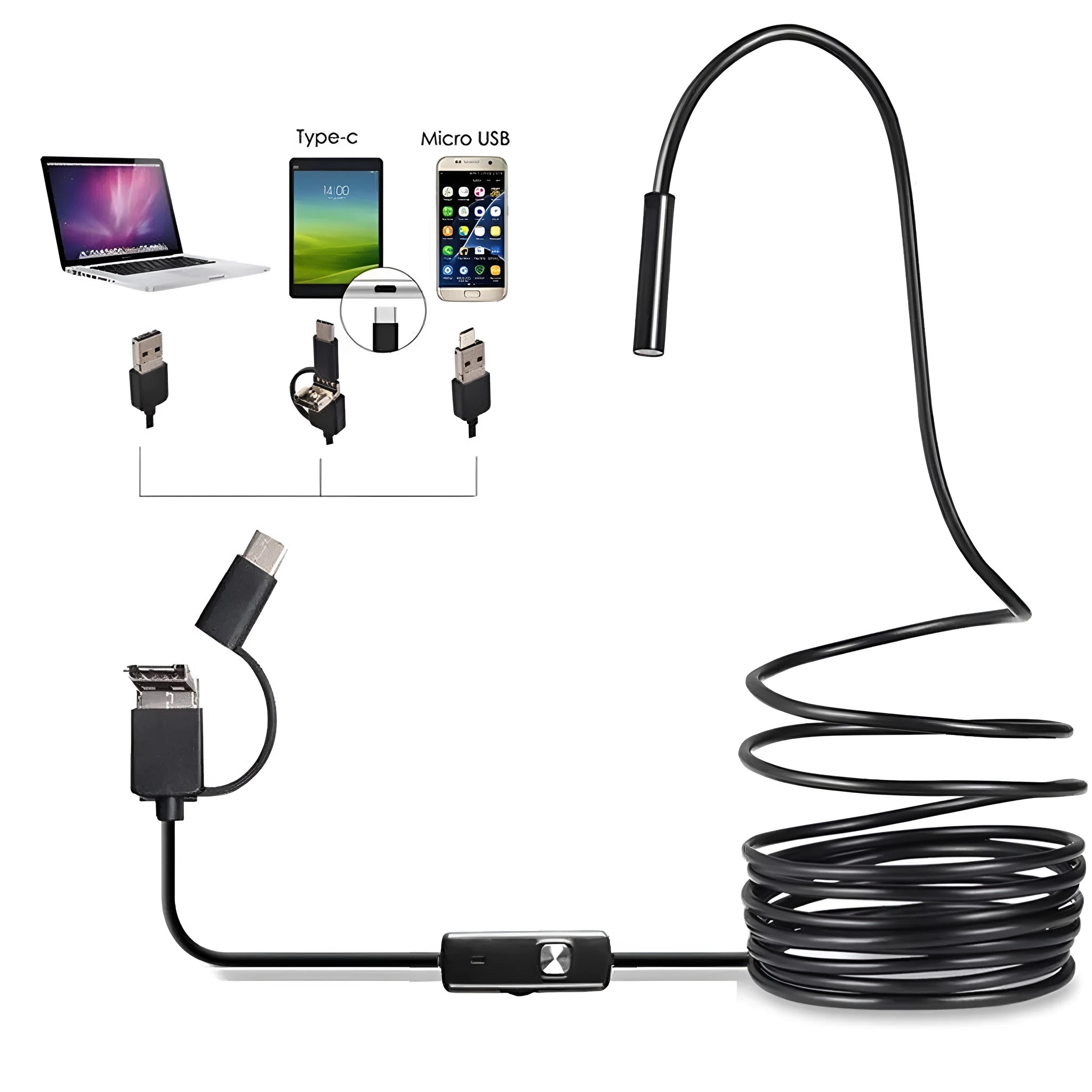 USB-C endoscope with flexible cable, HD camera, magnet, hook, and side mirror attachments on a table.
