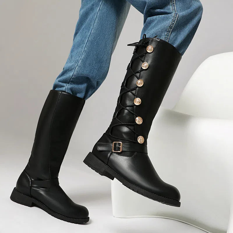 Women's high-top synthetic leather boots with chunky heel, side zipper, and round toe in black colour