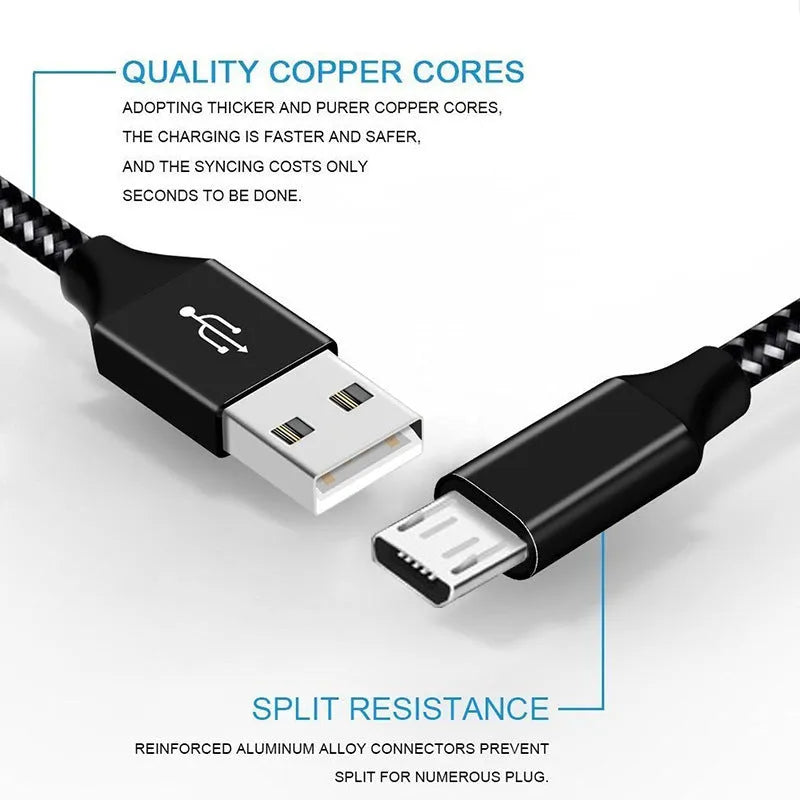 Braided nylon Micro USB charging cable in black and white colour, shown coiled.