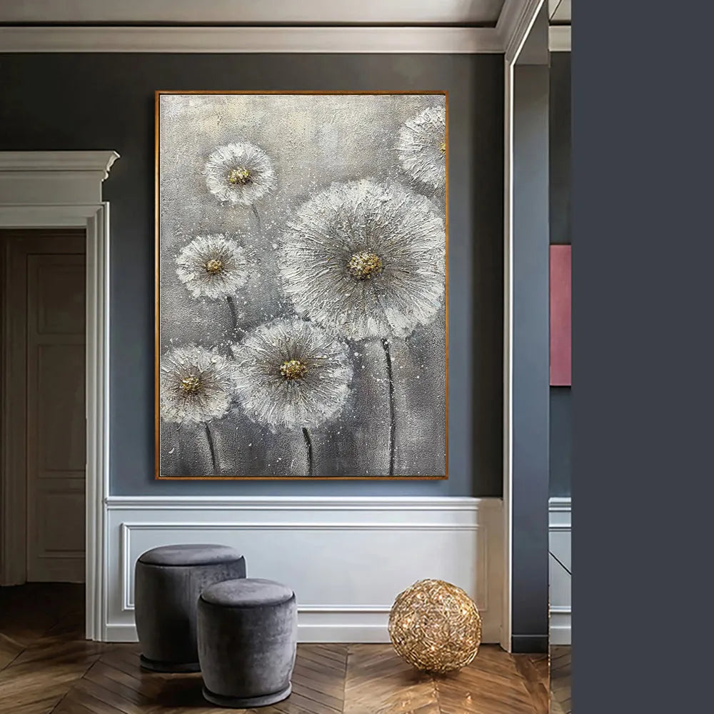 Large hand-painted white flower plant oil painting on grey canvas, unframed vertical single-panel wall art