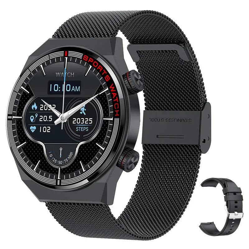 Black Bluetooth smartwatch with genuine leather strap and rotary key on a 1.3-inch screen