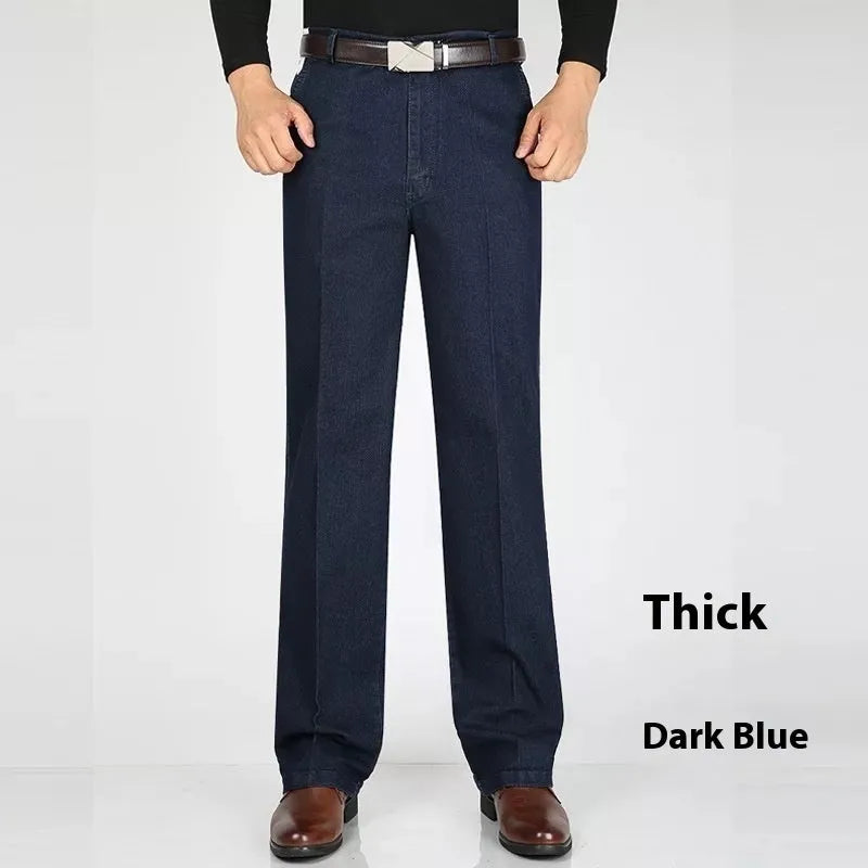 Men's high waist loose fit jeans in blue wash with zipper fly opening