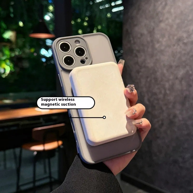Magnetic suction iPhone case with invisible bracket in frosted transparent finish showing black colour option