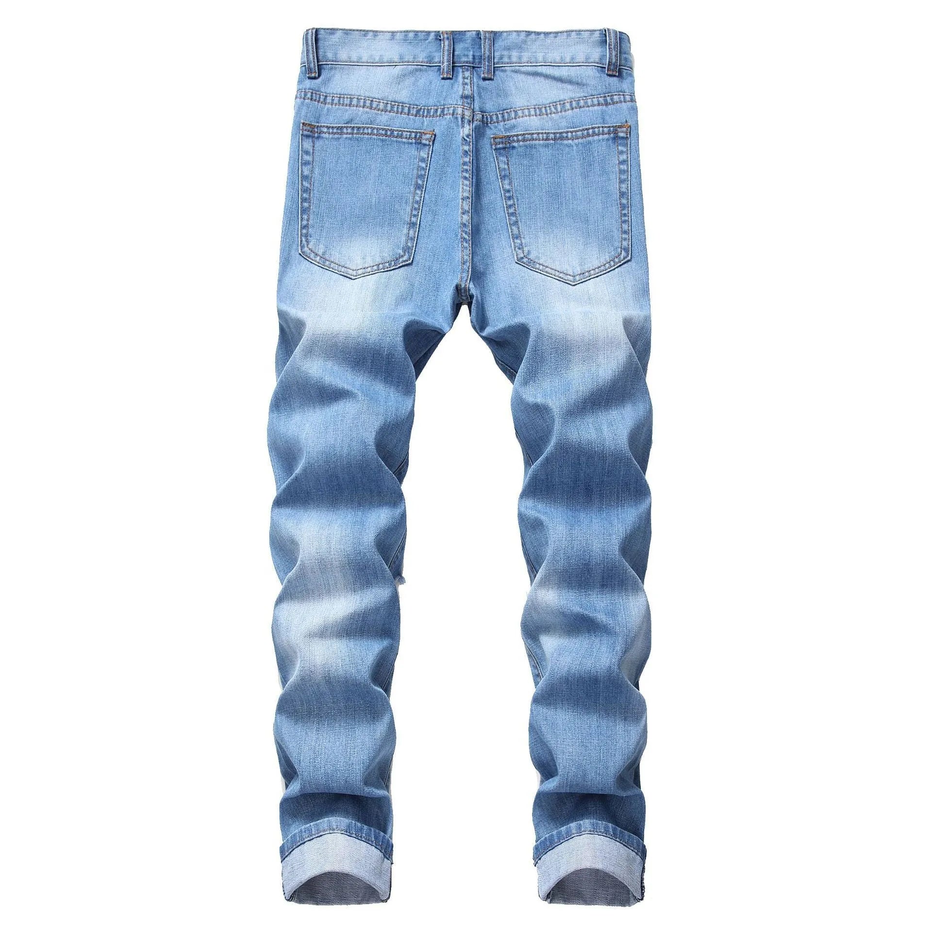 Cotton Blend Ripped Straight Denim Trousers for Men Mid Waist Zipper Fly Light Straight Leg Dark Blue Light Blue Nostalgia Sizes 28-42