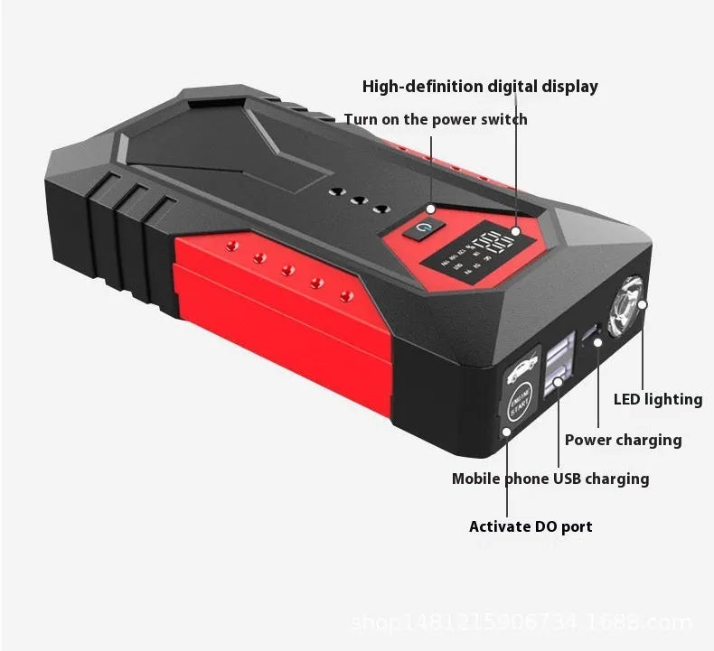 Red 12V car emergency jump starter power bank with battery clamps and charging cable