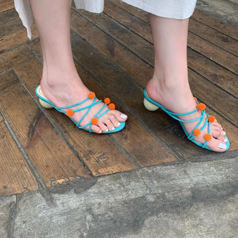 Cyan genuine leather French lace-up high-heeled sandals with thin straps and open toe