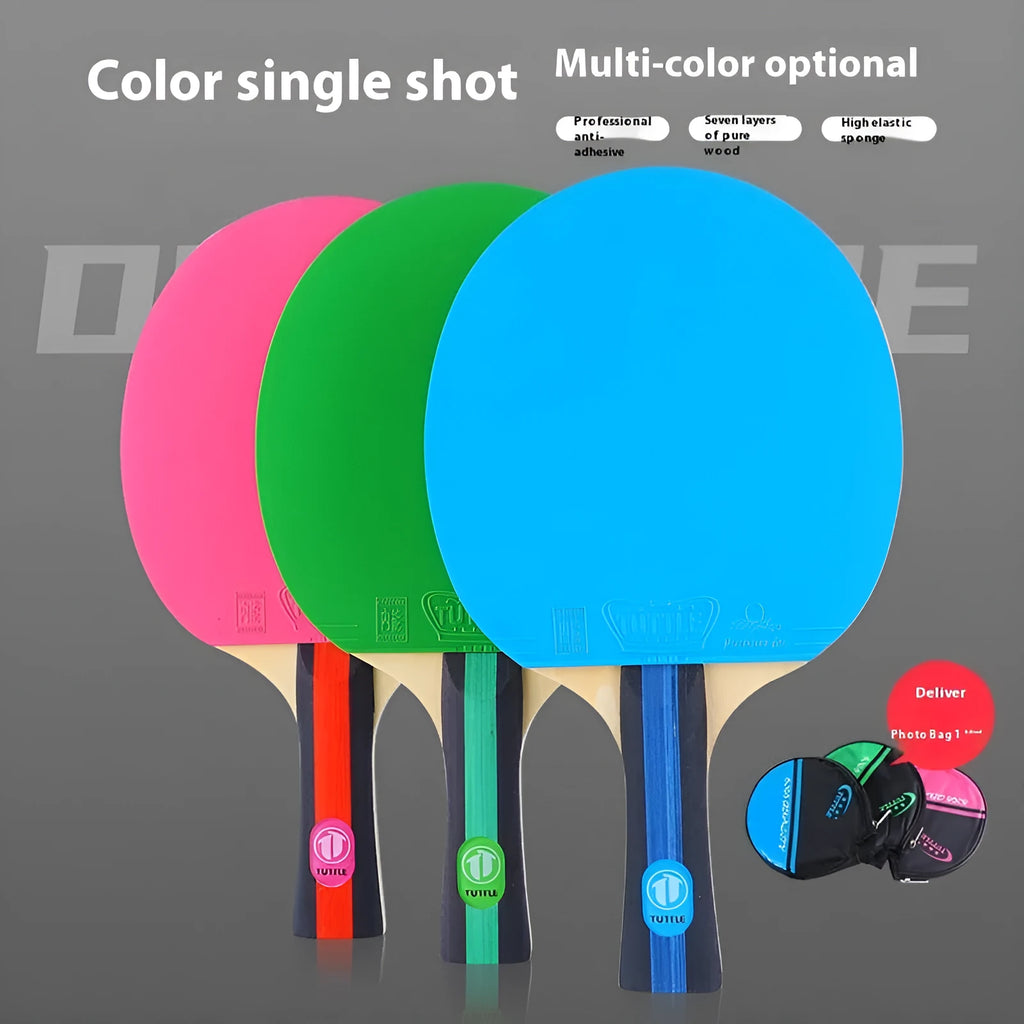Colourful pure wood table tennis racket with high elasticity rubber and matching carry bag in choice of pink, blue or green shakehand grip.