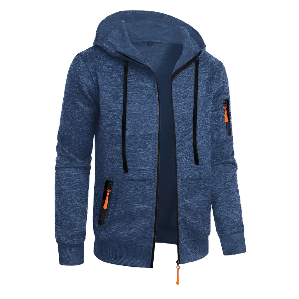Men's hooded cardigan sweater in polyester jacquard knit, loose fit, long sleeve, solid colour, sizes S to 3XL