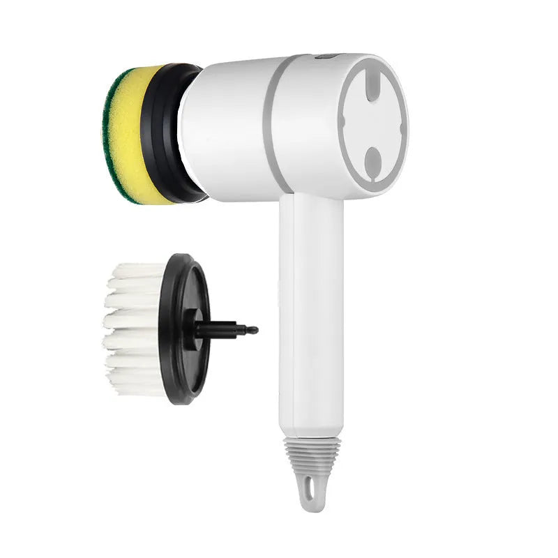 White electric cleaning brush with rotating scrub head and separate scouring pad attachment