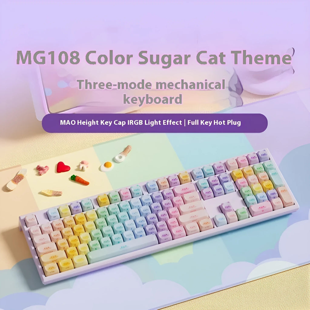 MG108B coloured sugar cat design Bluetooth mechanical keyboard with full 108-key layout.