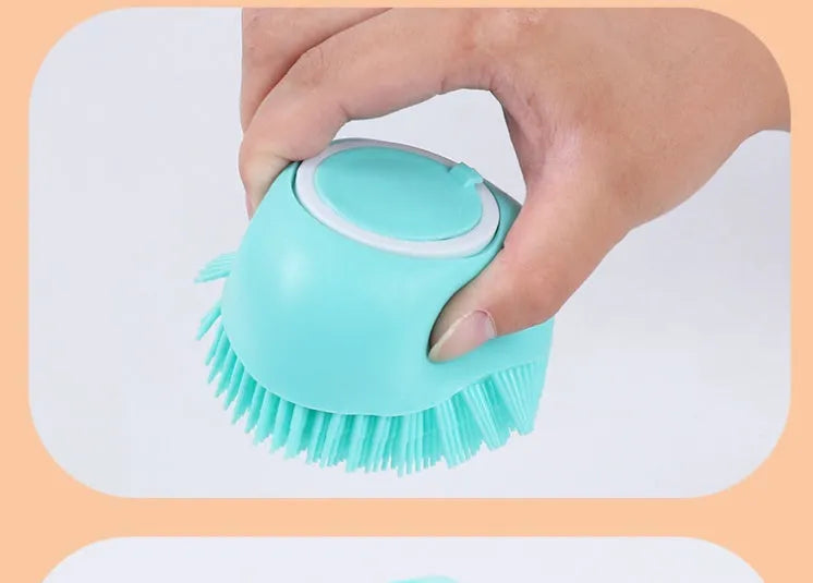 Blue silicone dog bath brush with soft bristles for washing and massage