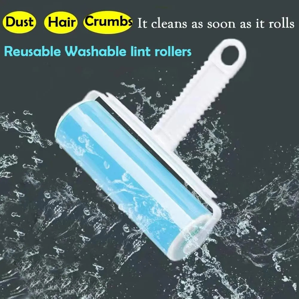 Blue washable reusable lint roller with protective cover for removing pet hair from clothes and furniture