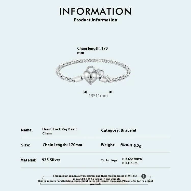 925 silver heart lock key base bracelet on white background, 17cm or 19cm size option
