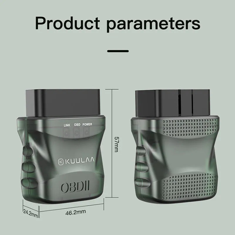 Green plastic Bluetooth OBD auto fault detector with OBDII connector and user manual
