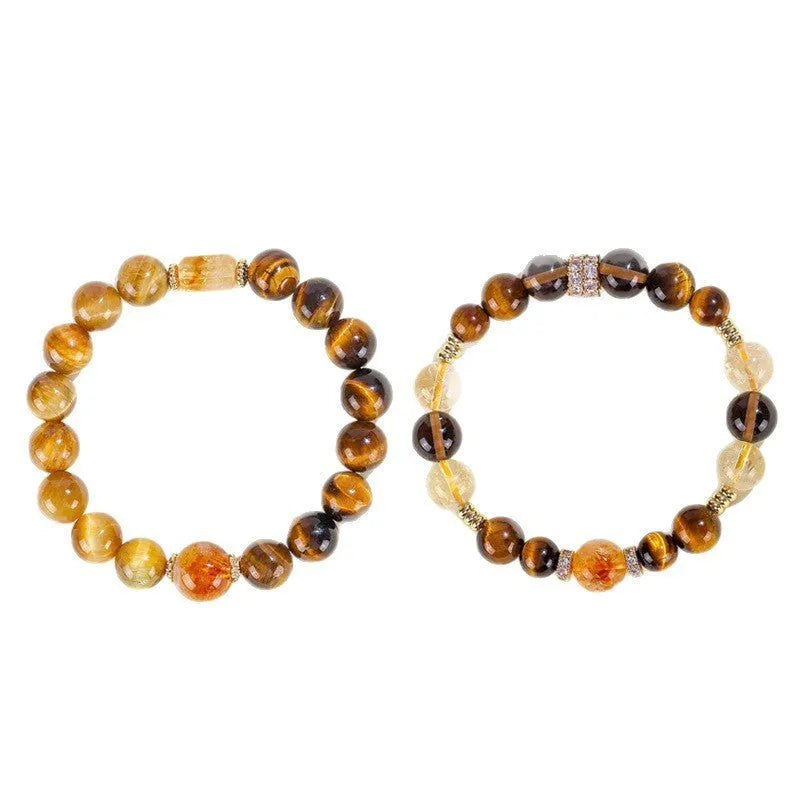 Natural citrine crystal string beads bracelet with 10mm yellow Asai tiger-eye and tower crystal beads for women