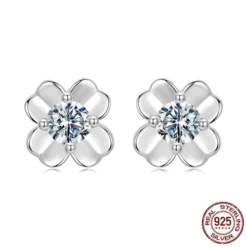 S925 sterling silver clover stud earrings with 10 points moissanite, electroplated, pair with certificate