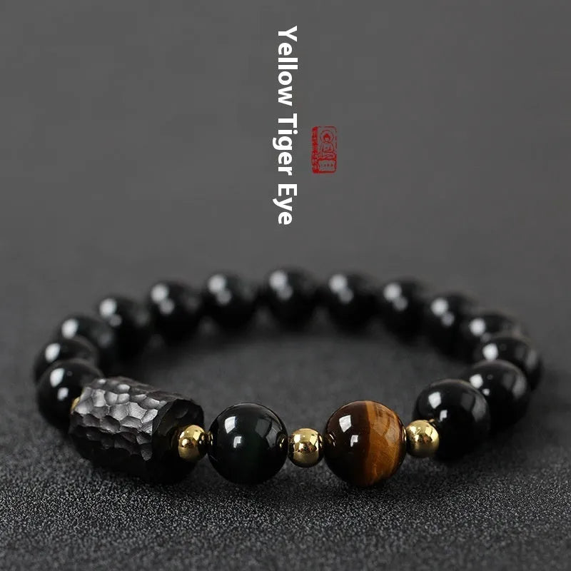 Handmade obsidian bracelet with 10mm yellow tiger eye beads in circular retro design