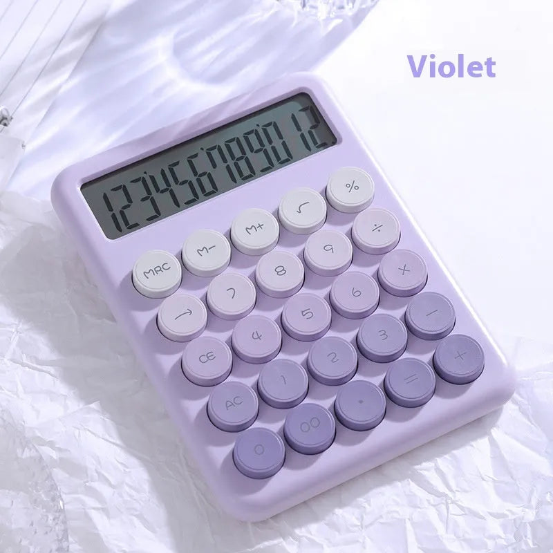 Desk calculator with gradient colour design in violet, pink, blue, and green options