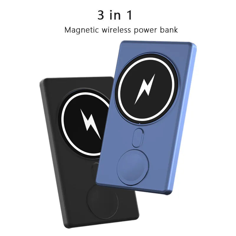 Slim black three-in-one magnetic wireless charging power bank showing USB port and charging surface