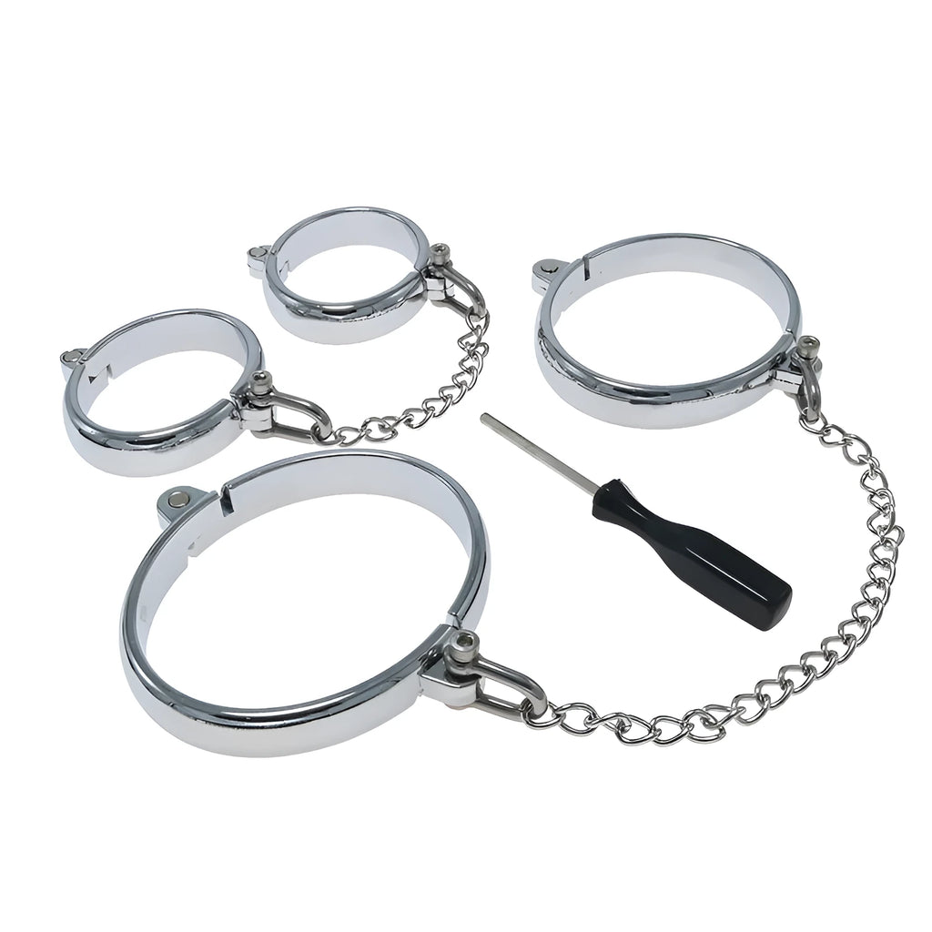 Silver handcuffs and footcuffs set made from zinc alloy with stainless steel fastenings