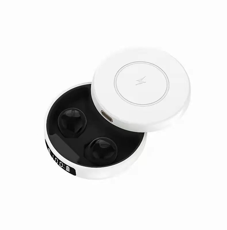 Black wireless semi-in-ear headphones nestled inside a compact white charging case with lid open.