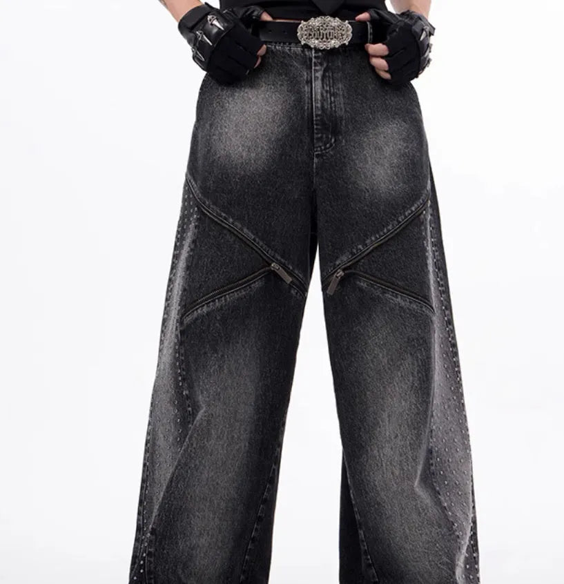 Korean style wide leg trousers and matching waistcoat set in black and grey washed denim fabric