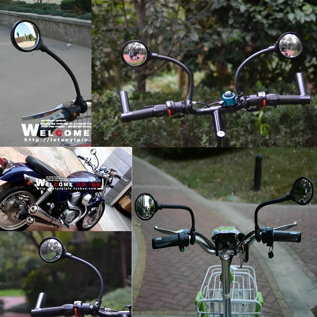 Black metal bicycle rearview mirror with adjustable hose mechanism for handlebar mounting