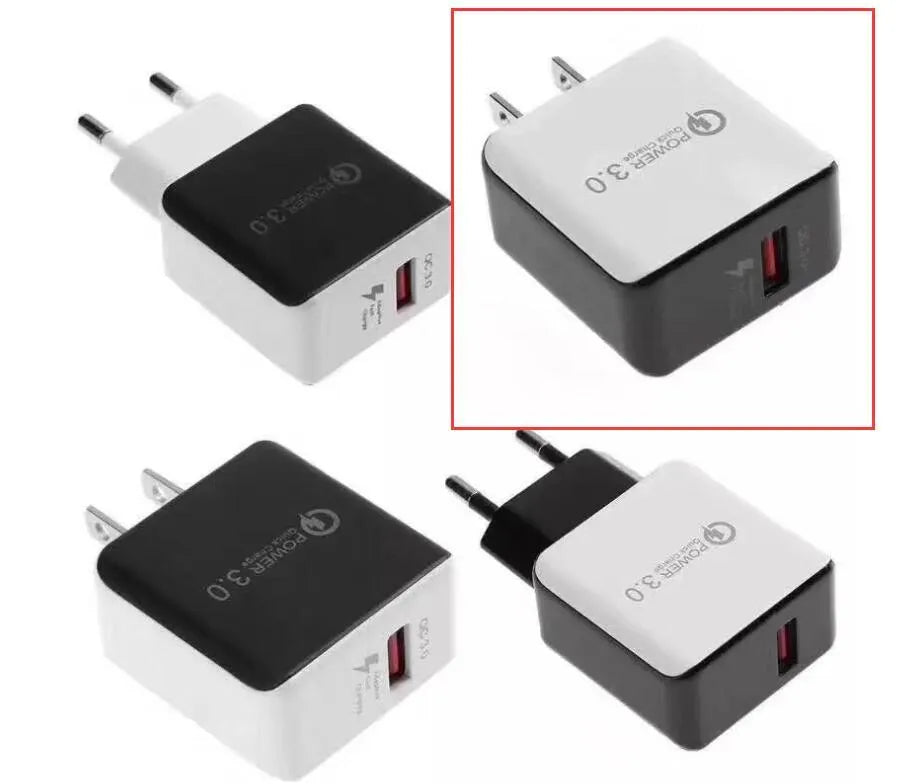 QC30 5V3A USB charger head with bare metal finish, black American standard plug, single USB port